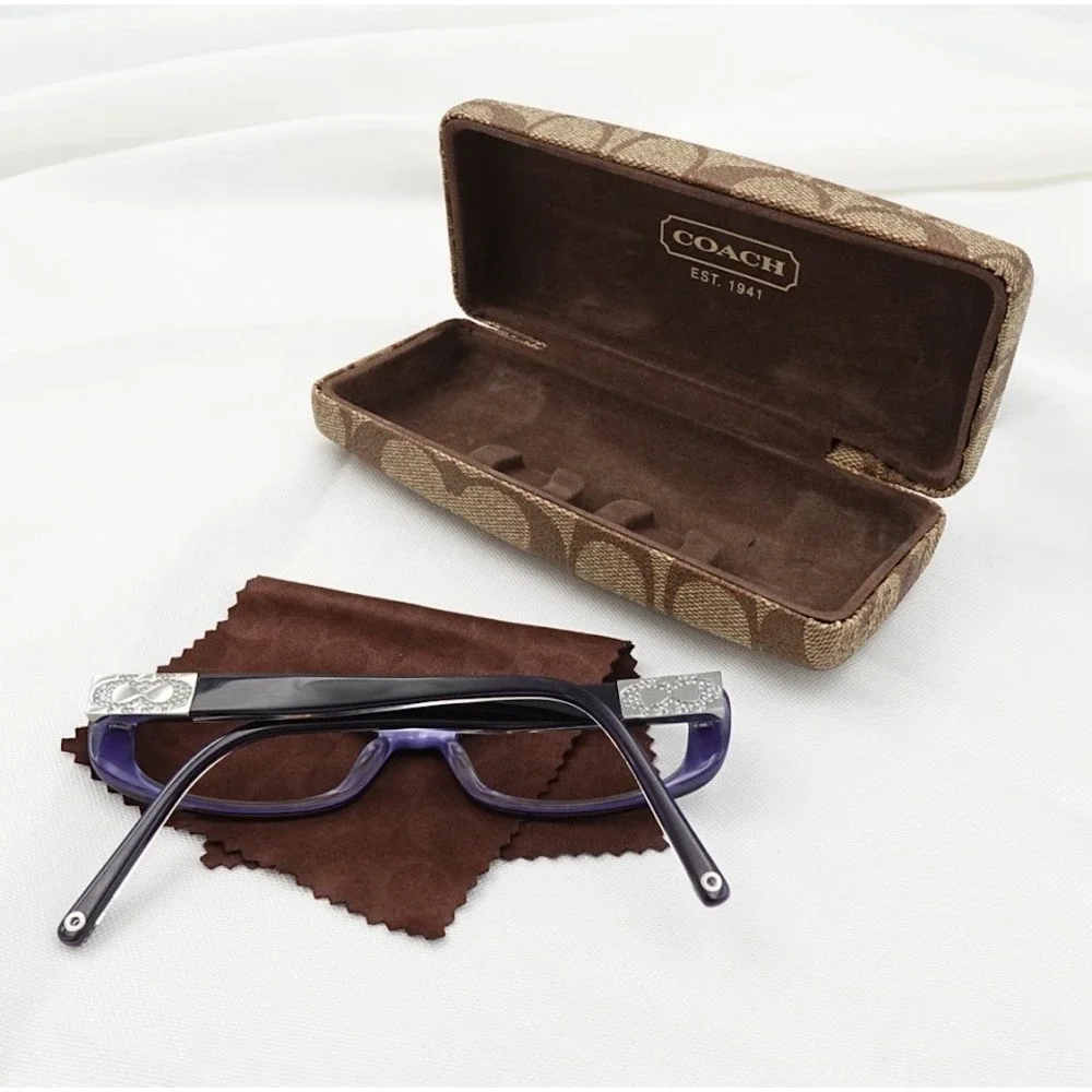 Coach Purple Rectangle Eyeglasses Frames Rhinestone Hard Case Cloth Fiona CE 135